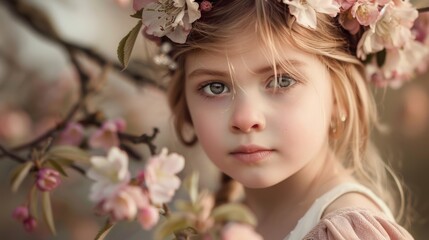 Naklejka premium A young girl wearing a flower crown, embracing her inner princess with the beauty of blooming blossoms.