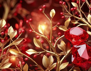 Scarlet Sparkle Splendor: Diamond Floral and Gold Branches Wallpaper