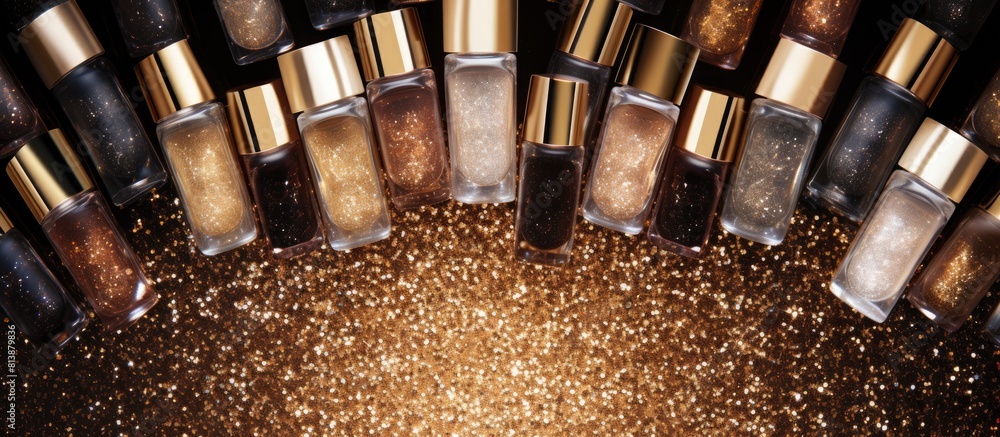 Aufkleber a top view arrangement of open nail polish bottles on a golden glitter background creating a visuall
