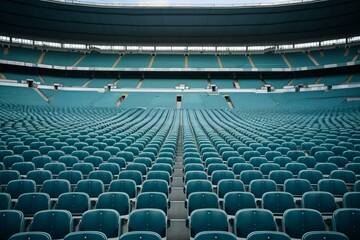 Serene and tranquil perspective of the expansive stadium seating in a grand scale outdoor venue. Showcasing the wide angle architecture and symmetrical lines of the empty seats