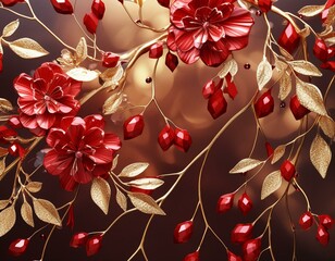 Glittering Ruby Bouquet: Red Diamond Floral Wallpaper with Gold Accents