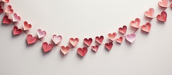 A Valentine s card displays a handmade holiday necklace composed of small plaster hearts arranged on a light gray background The top view reveals soft shadows offering ample copy space