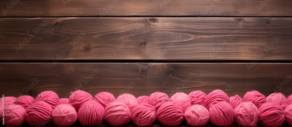 Poster old wooden surface adorned with pink balls of wool creating a visually appealing copy space image