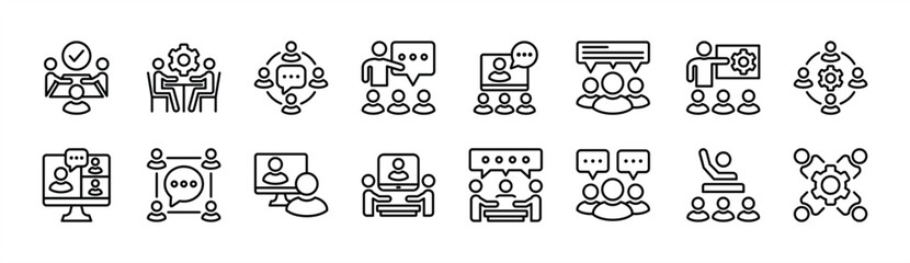 Business meeting thin line icon set. Containing training, workshop, education, communication, discussion, coaching, online video, presentation, learning, conference. Vector illustration
