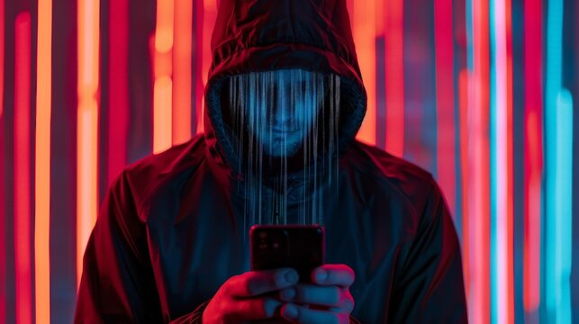 A hacker in a black hoodie is using a smartphone.