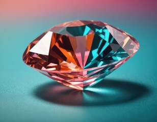Brilliant cut diamond on a gradient blue and red background with soft lighting and shadow.