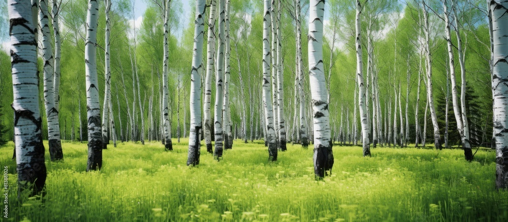 Poster aspen wood with a field visible in the background perfect for a copy space image