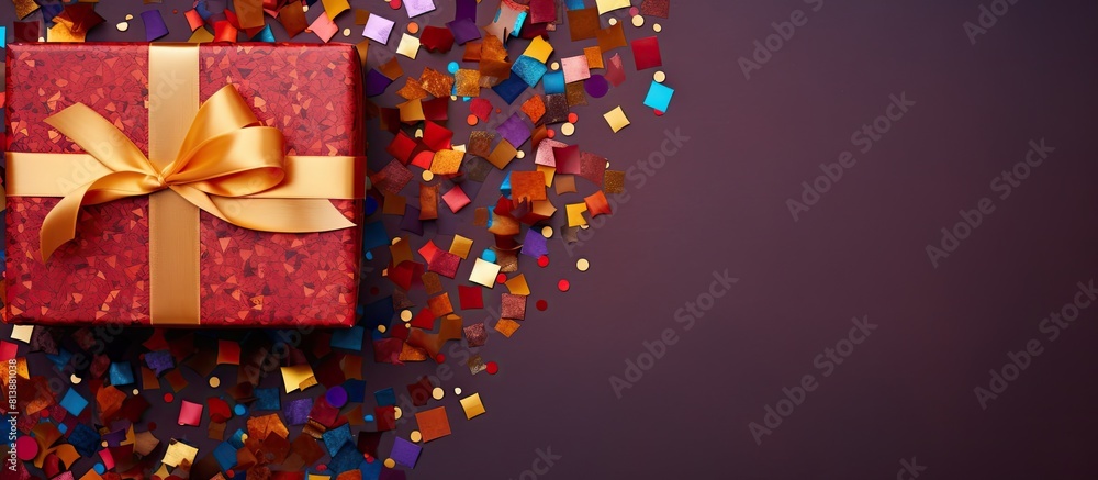 Poster top view of a colorfully decorated gift box wrapped in festive paper and adorned with a ribbon this 