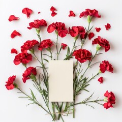 bouquet of red carnations, with a blank card, lay on the ground, top view and white background
