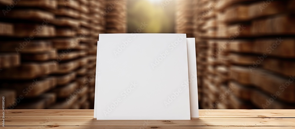 Poster wooden background with a stack of blank paper sheets for a brochure creating a mock up image. copy s