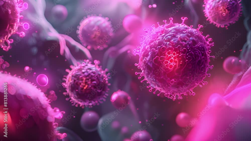 Poster digital representation of virus particles in a vibrant microscopic view.