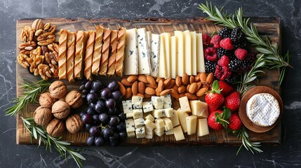 variety of cheeses, fruits, nuts, and crackers on a wooden board.