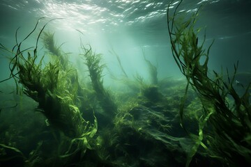 Tranquil underwater dreamscape with seaweed, capturing the serene marine life and biodiversity of...