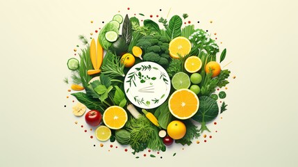 Design of a variety of fresh and healthy vegetables and fruits are arranged in a circle around a white plate