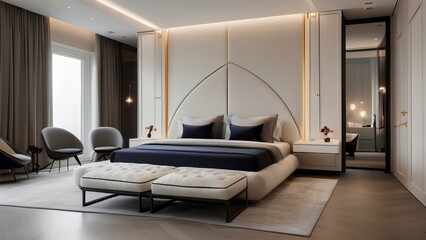 Luxury master bedroom interior design with modern minimalistic furniture