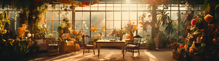 A beautiful sunlit greenhouse with a variety of flowers and plants in bloom, with a wooden table and chairs in the center, surrounded by lush greenery