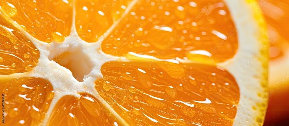 Poster close up of an orange slice showing its pulp and peel in detailed macro image with ample copy space