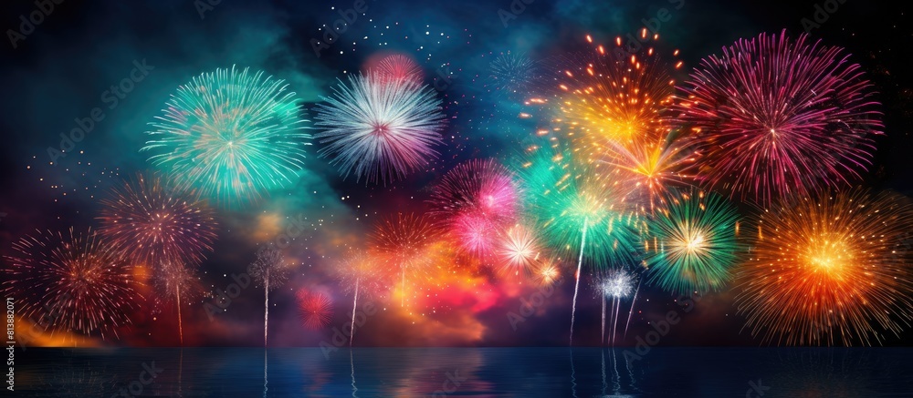 Poster colorful fireworks illuminating the dark night sky with a mesmerizing display. copy space image. pla