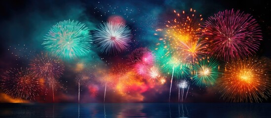 Fototapeta premium Colorful fireworks illuminating the dark night sky with a mesmerizing display. Copy space image. Place for adding text and design
