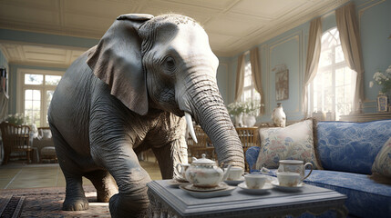 An elephant delicately drinks tea in an elegant room, with a touch of surrealism and a hint of humor.