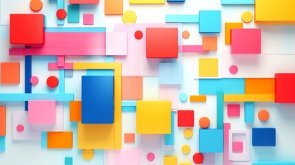 Colorful geometric shapes. Rectangles, circles, and squares in various colors, shapes are arranged in a random pattern and background is white.