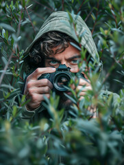 a man with a camera hides in the bushes and takes a photo