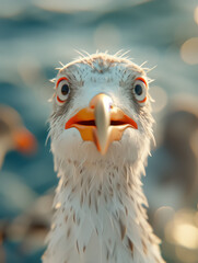 a frightened seagull looks straight into the camera
