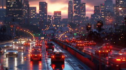 Obraz premium Evening rush hour traffic on a bridge, the city skyline illuminated in the background, a scene of urban hustle and bustle.