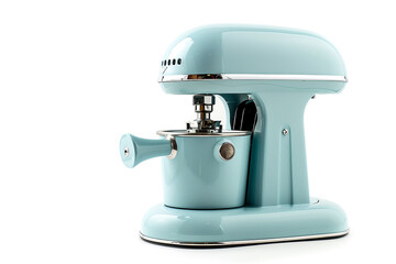 A retro-style juicer with a pastel blue exterior and a manual hand crank isolated on a solid white...