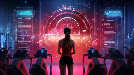 Woman in red sportswear on??????surrounded by a futuristic interface.