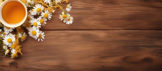 An image of herbal tea with dried chamomile flowers on an old wooden table can be seen in the copy space image