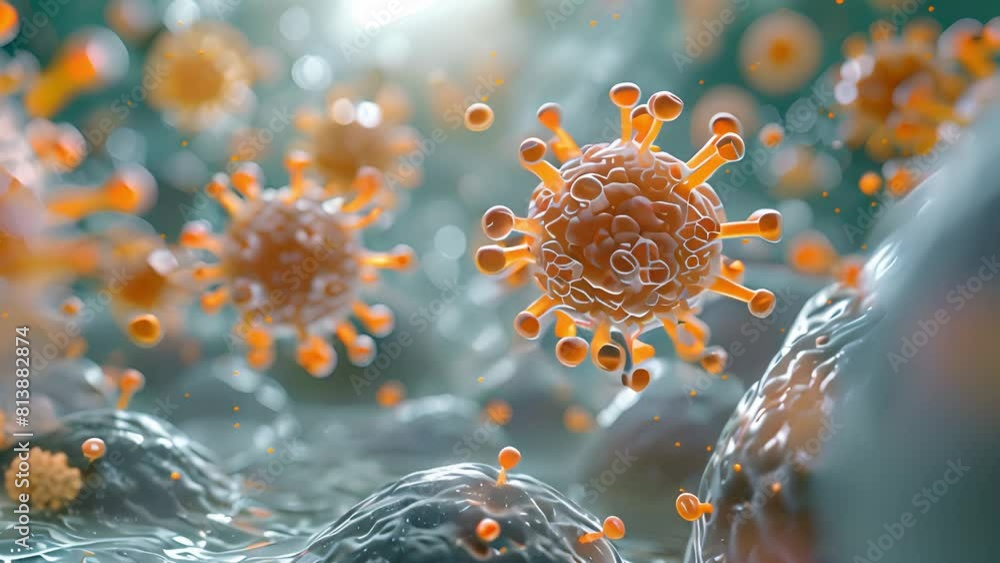Poster detailed visualization of virus particles interacting with a cell.