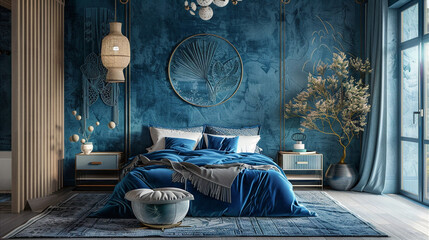 Blue themed bedroom interior design with a large blue velvet bed, blue walls, and blue accents. The style is modern and luxurious. The image is selling a sense of calm and tranquility.