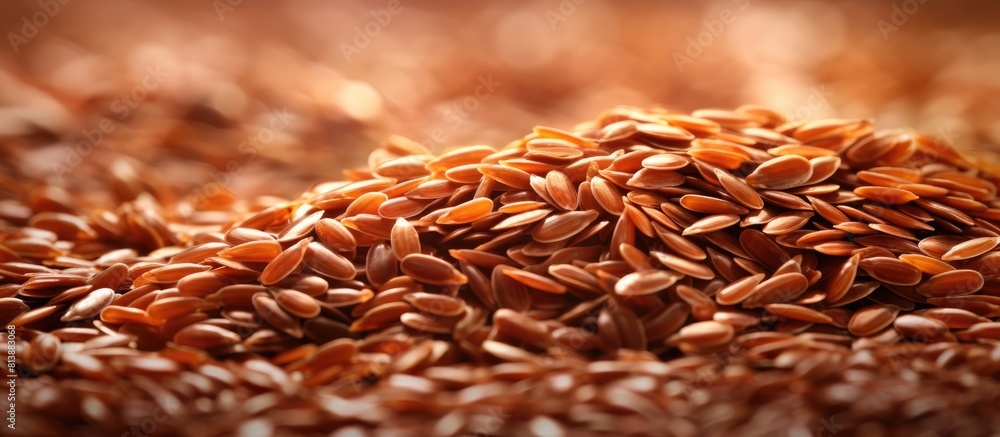 Poster copy space image with a natural background showcasing the texture and color of brown flaxseed which 