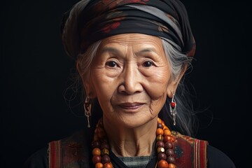 Portrait of a serene elderly asian woman wearing traditional dress, jewelry, and headscarf