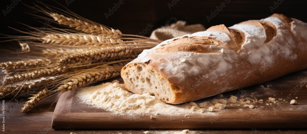 Poster a rustic loaf of homemade sourdough bread made with rye flour freshly harvested rye grains using a r
