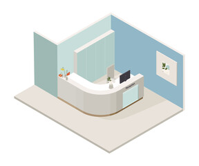 Vector isometric low poly minimalistic medical clinic interior with various furniture. Modern vector illustration. Front desk, hospital lobby.