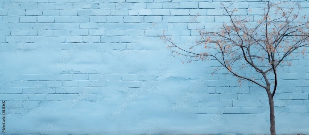 Poster a weathered paint close up reveals a light blue brick wall background with a distinctive tree shadow