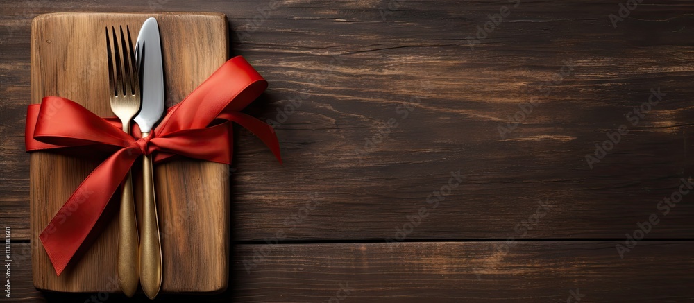 Poster a ribbon wrapped knife is placed alongside a spoon and fork on a napkin set upon a wooden table crea