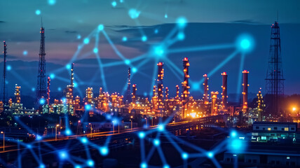 Night view of an industrial cityscape enhanced with digital network connections symbolizing advanced technology and connectivity.
