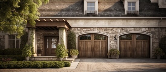 A home with a captivating facade featuring a front porch adorned with stone walls and elegant arched garage doors Perfect for a copy space image
