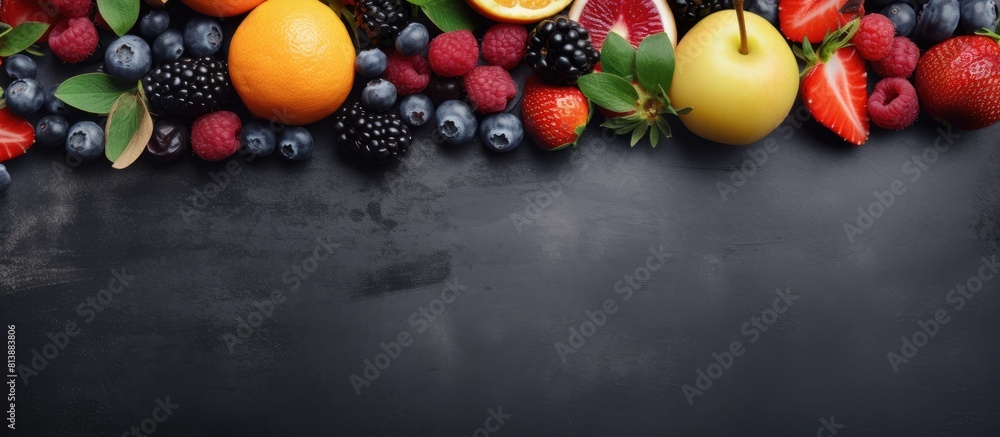 Poster copy space image of colorful fresh summer fruits and berries arranged on a textured concrete surface