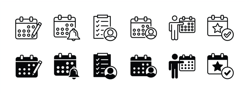 Calendar thin line icon set. Containing event planner, reminder, date, schedule, notification, agenda, appointment, organizer, checklist. Vector illustration