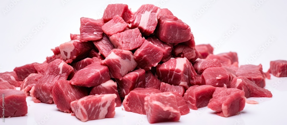 Poster raw chunks of diced beef fillet presented against a white backdrop creating a clean and clear copy s