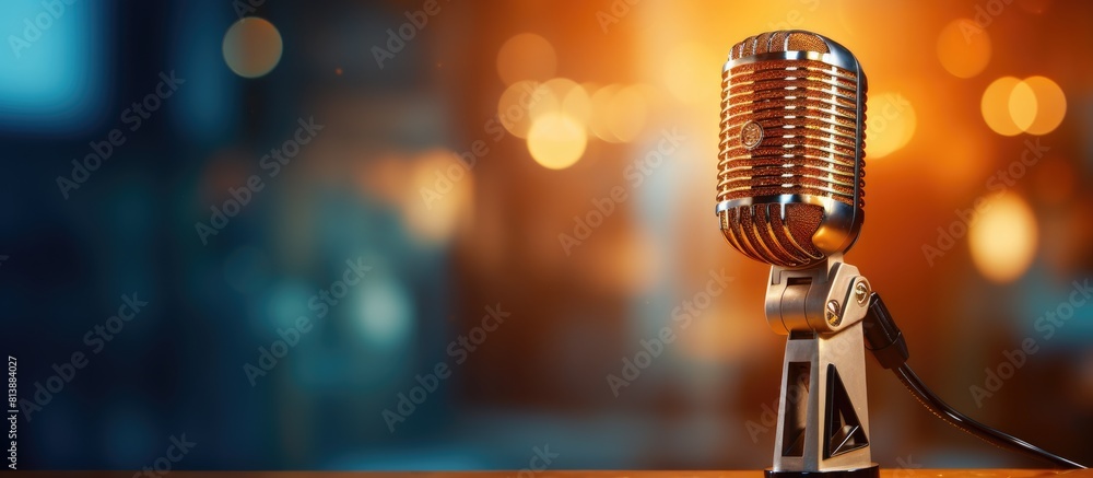 Poster professional microphone on a background suitable for radio stations and podcasters with copy space i