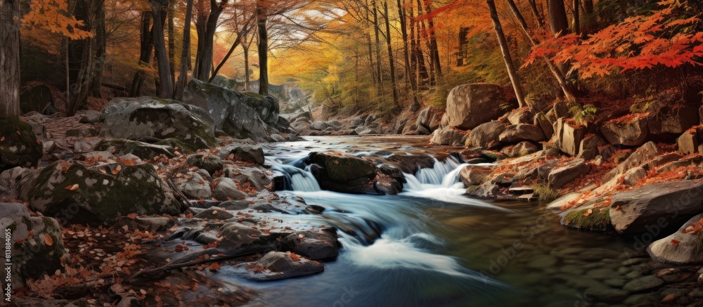 Aufkleber in autumn flowing streams are adorned with leaves and small waterfalls creating a serene and picture