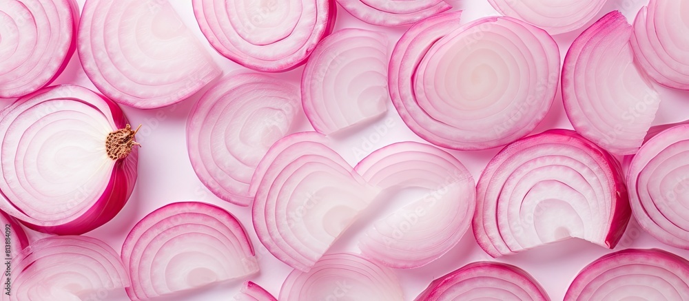 Poster the image showcases a beautiful arrangement of sliced pink onions forming an isolated pattern within