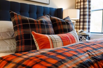 Colorful plaid draped over a bed in a chic and modern bedroom. Interior design inspiration