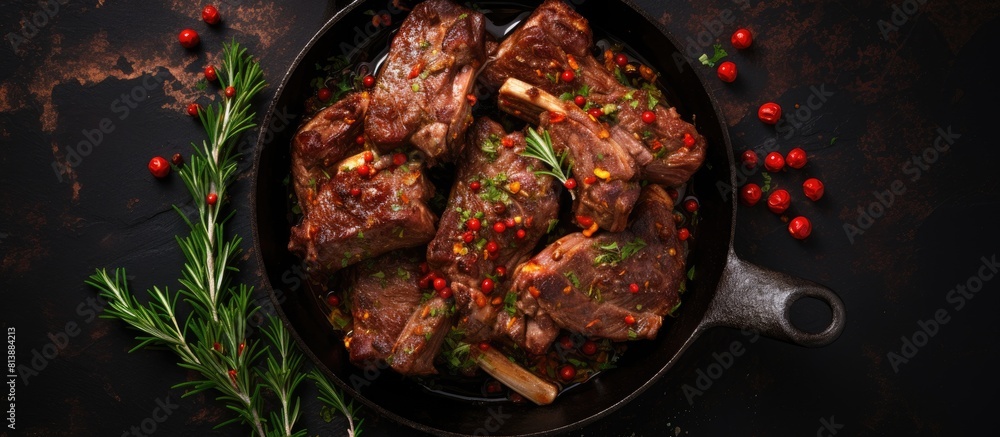 Poster a top down view of uncooked lamb or beef ribs seasoned with hot pepper garlic and spices placed in a