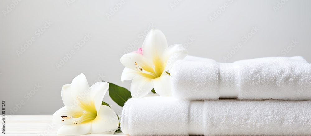 Poster isolated on a white background this image showcases soft towels with a dispenser and a flower provid